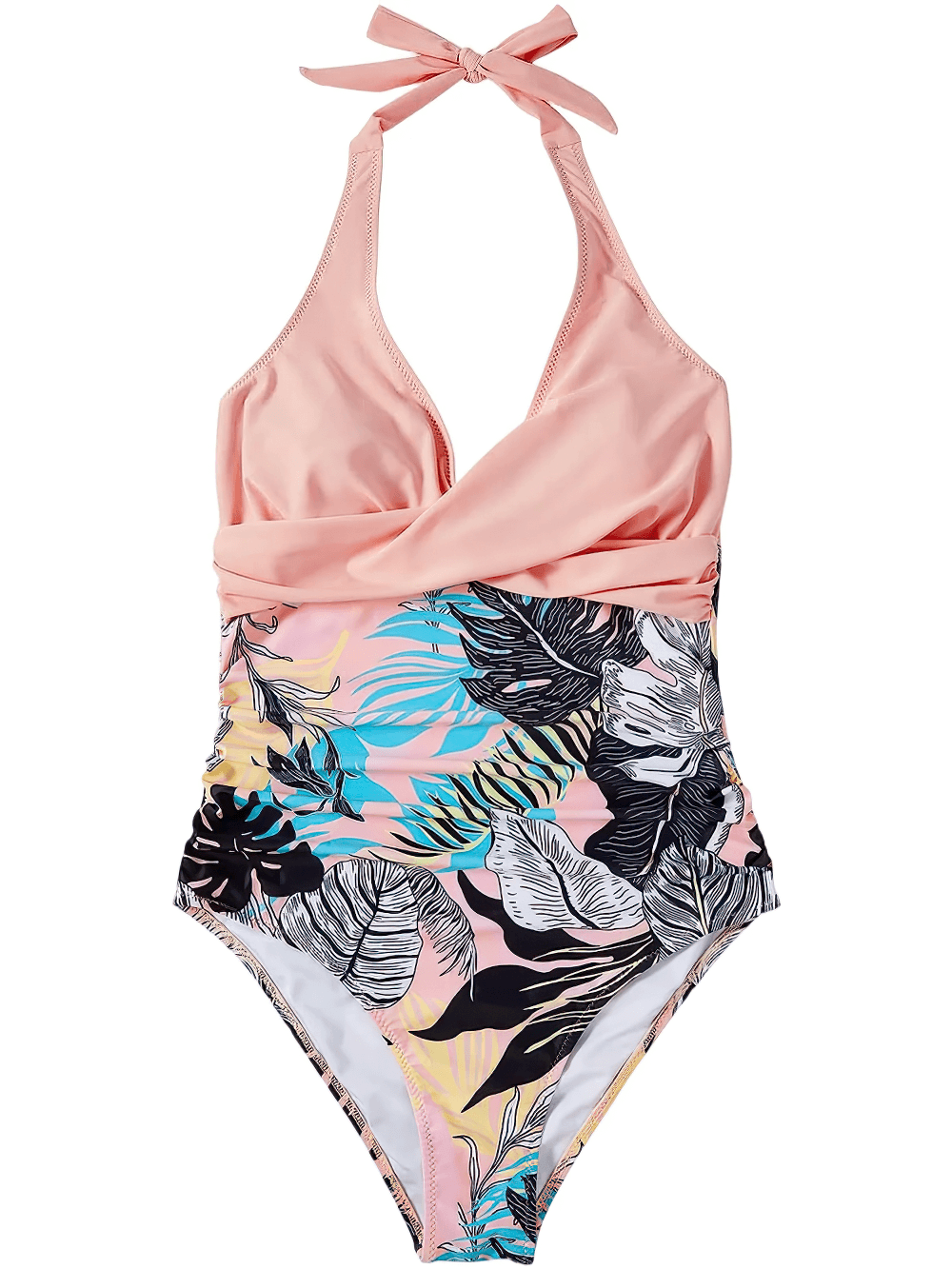 Women's Stylish Cross Front One-Piece Swimwear - SF4552 in floral print with halter neckline and tummy control design.