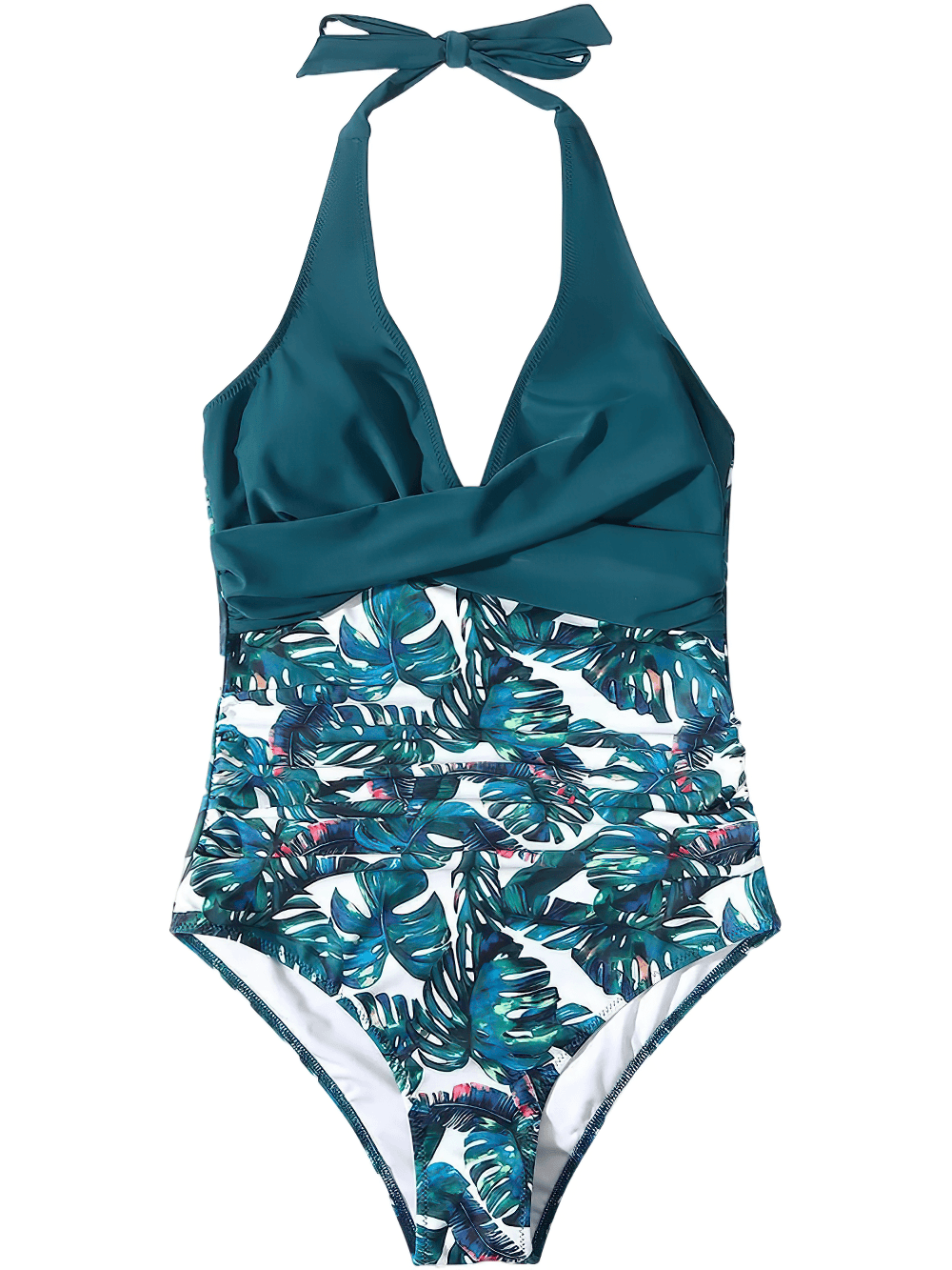 Women's Stylish Cross Front One-Piece Swimwear - SF4552 in tropical print with halter neckline and tummy control.