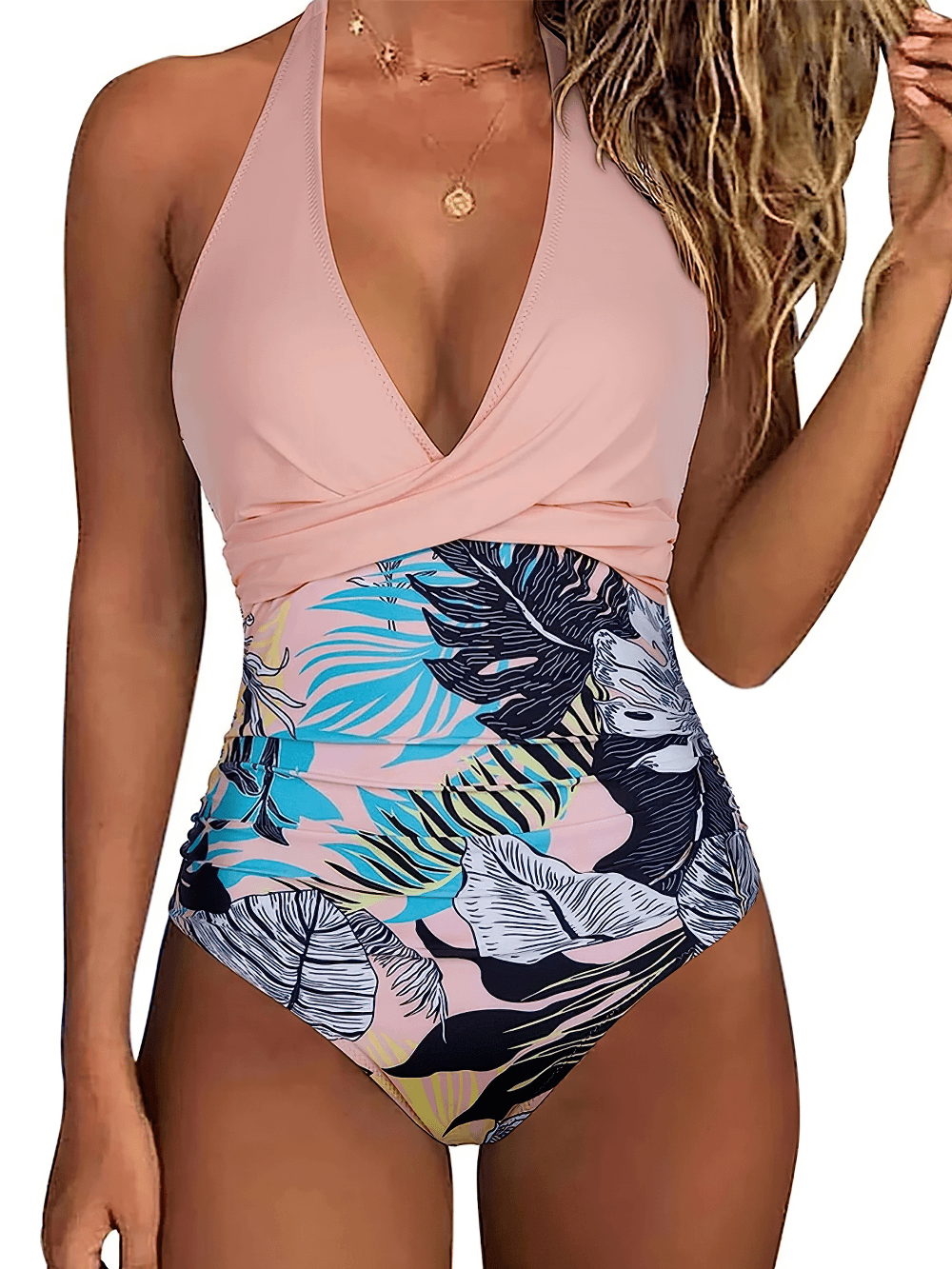 Women's Stylish Cross Front One-Piece Swimwear - SF4552 featuring a floral design and flattering ruched waist.
