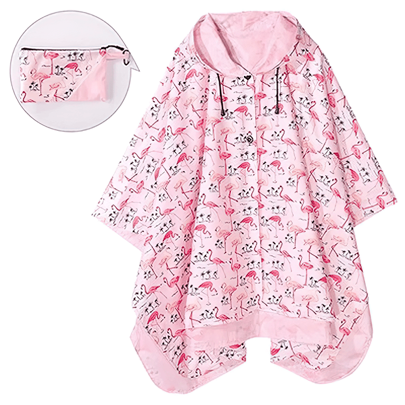 Pink women's double layer raincoat with hood featuring a flamingo pattern, shown with matching pouch. Stylish and water-resistant.