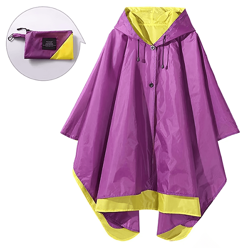 Women's purple and yellow double layer raincoat with hood, SF1995, and matching travel pouch.