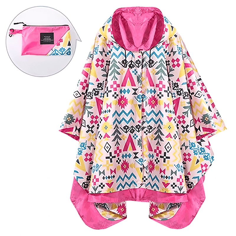 Colorful women's double layer raincoat with hood, includes compact carrying pouch, perfect for stylish outdoor protection - SF1995