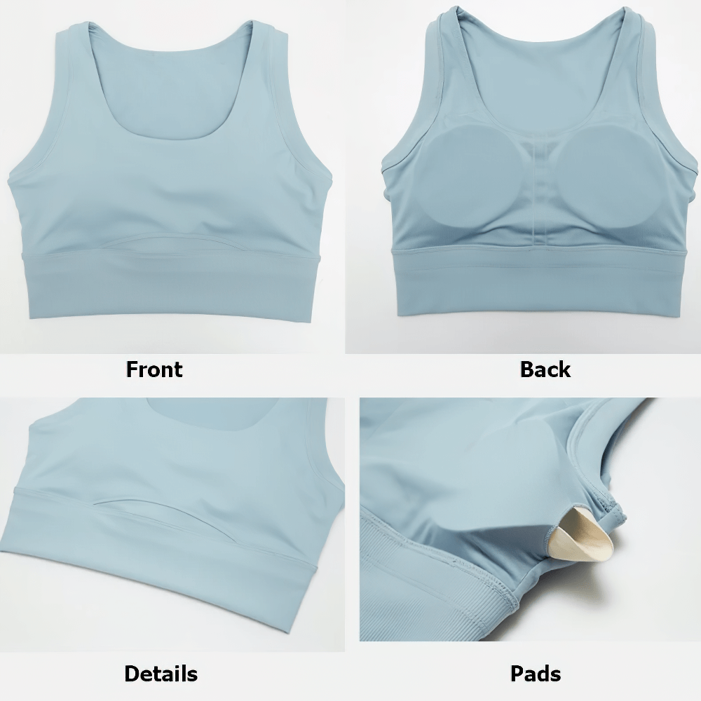 Serene blue sports bra, front and back view, with pad details; ideal for active and casual wear with breathable fabric.