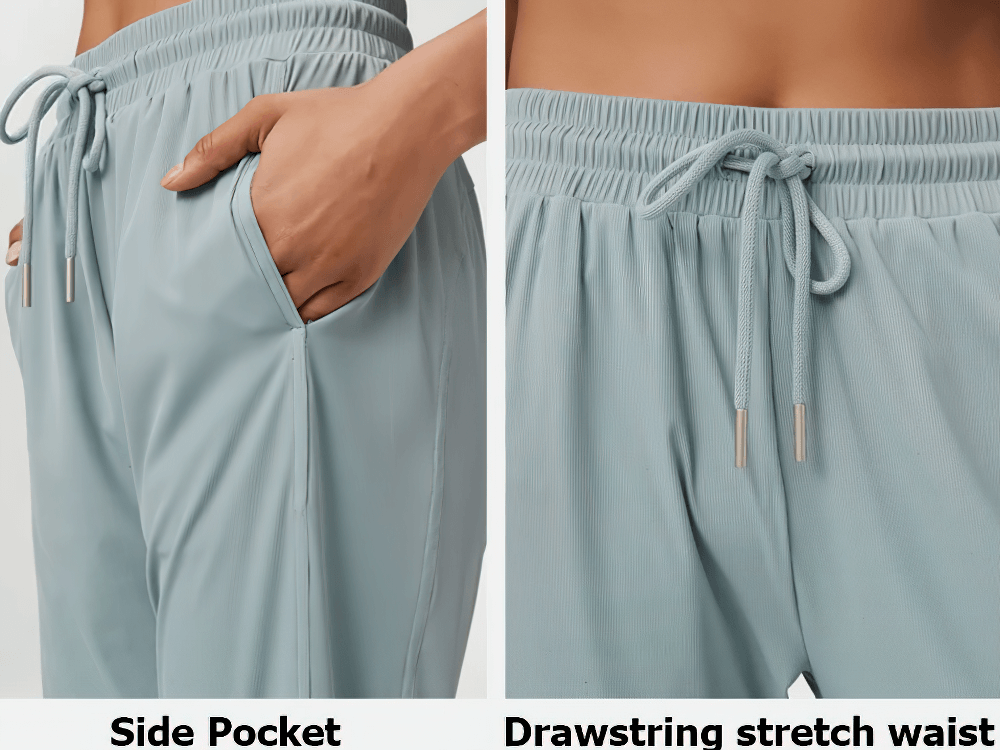 Women's stylish joggers in serene blue with pockets and adjustable drawstring waist for a comfy, custom fit.