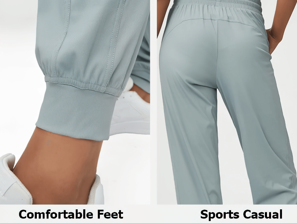 Close-up of gray joggers showing ribbed cuffs and back view, perfect for casual and sports wear with comfortable fit.