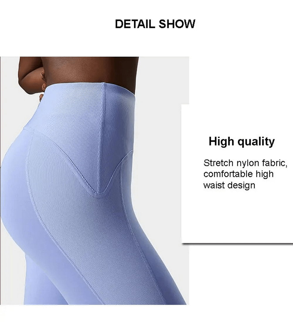 Close-up of light blue high-waisted women's yoga leggings featuring a comfortable, stretchy nylon-spandex blend and knitted texture.
