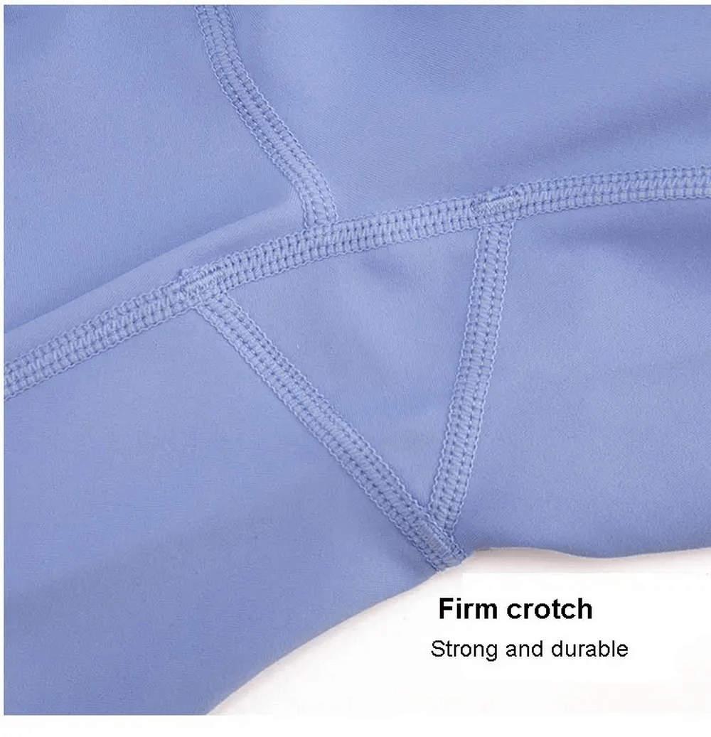 Close-up of light blue Women's Stretch Leggings SF2100 showing firm and durable crotch stitching, designed for yoga and gym.