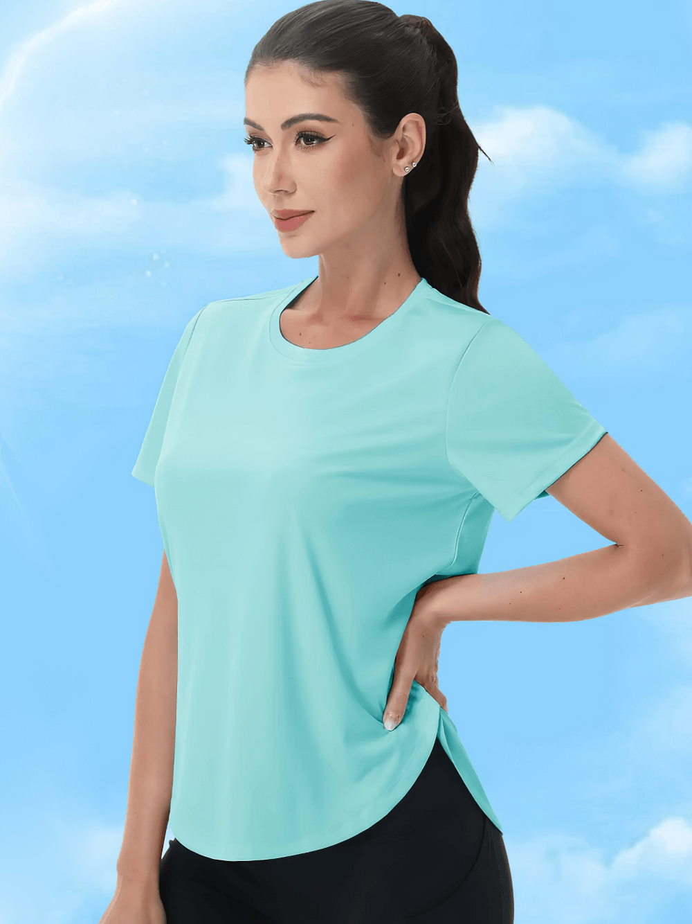 Alt Tag: Women's Sun Protection Quick Dry Running T-Shirt - SF4492 worn by woman, short sleeve moisture-wicking quick-dry tee with side slits