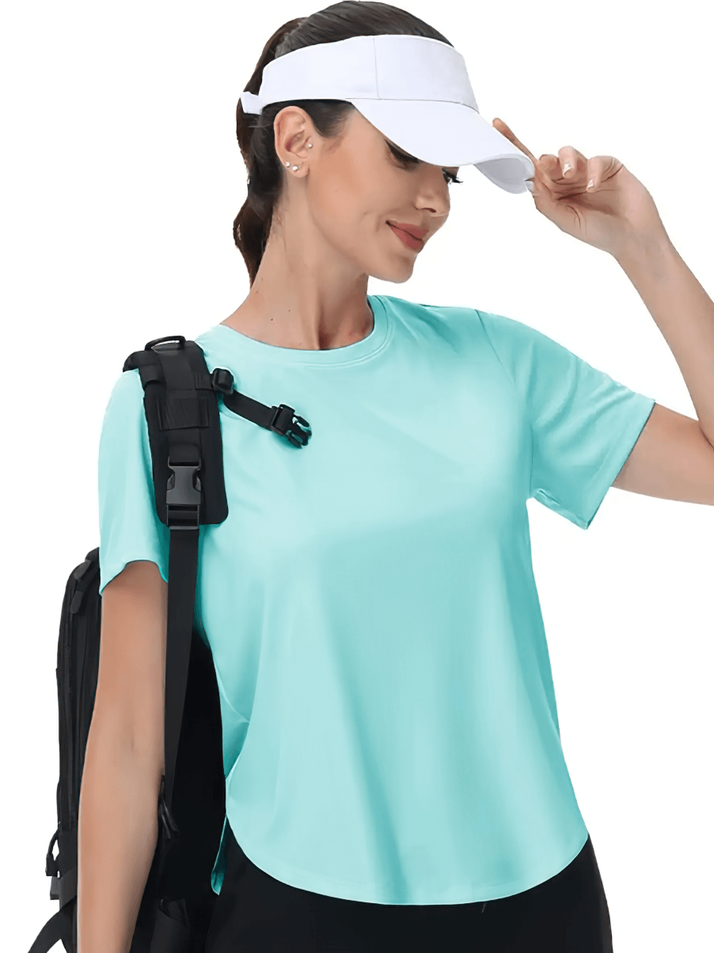 Alt Tag: Women's Sun Protection Quick Dry Running T-Shirt - SF4492 in aqua, short sleeve O-neck quick-dry top with visor and backpack