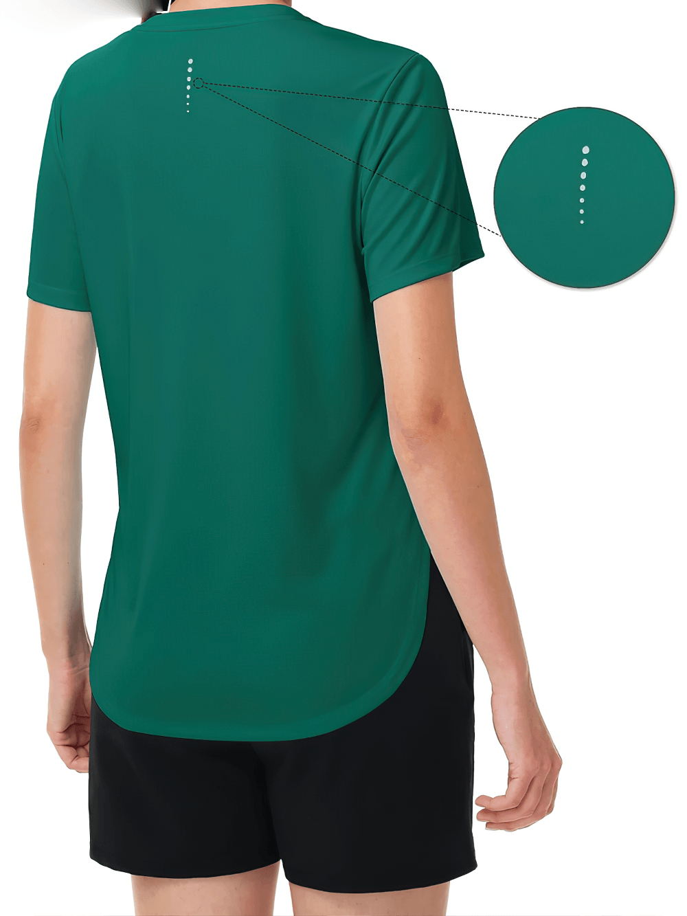 Alt Tag: Women's Sun Protection Quick Dry Running T-Shirt - SF4492 back view, teal short sleeve, reflective dots detail, curved hem with side slits