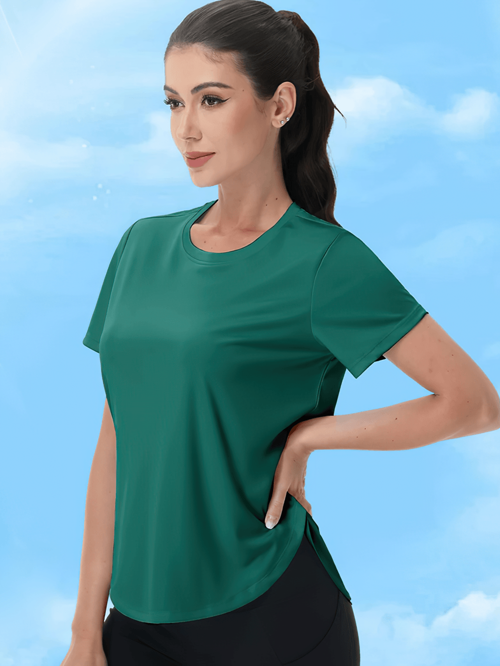 Alt Tag: Women's Sun Protection Quick Dry Running T-Shirt - SF4492 on model, green short sleeve quick-dry wicking O-neck active tee