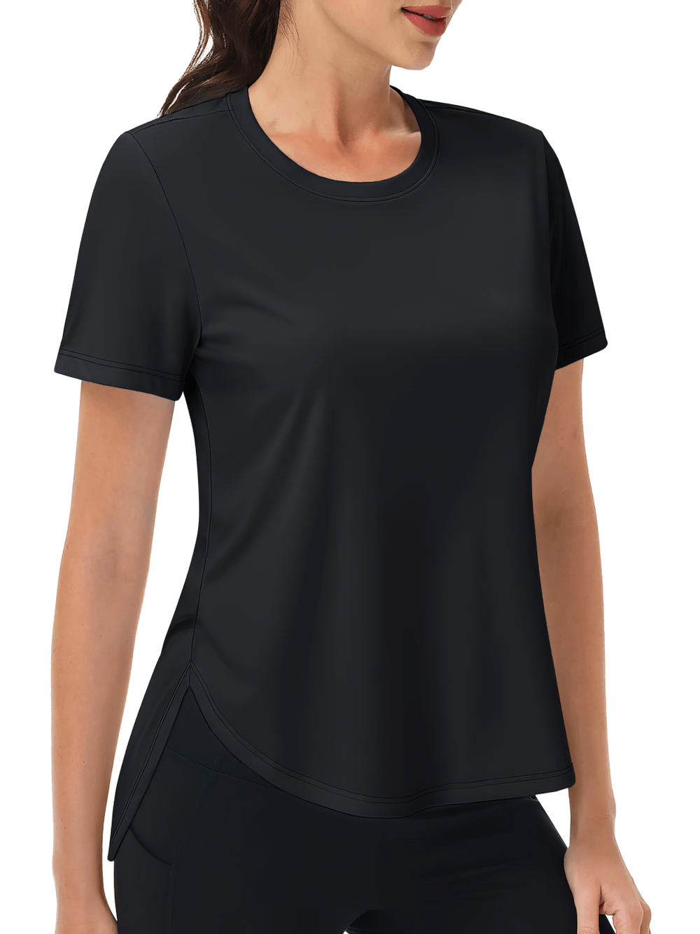 Alt Tag: Women's Sun Protection Quick Dry Running T-Shirt - SF4492 black short-sleeve moisture-wicking athletic tee with curved hem and side slits