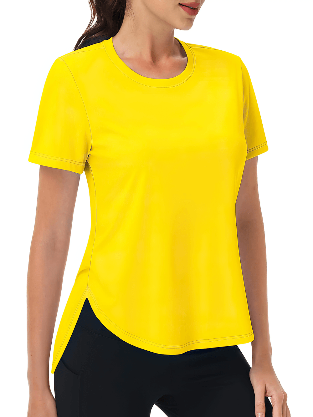 Alt Tag: Women's Sun Protection Quick Dry Running T-Shirt - SF4492 yellow short sleeve quick-dry wicking O-neck tee with side slits