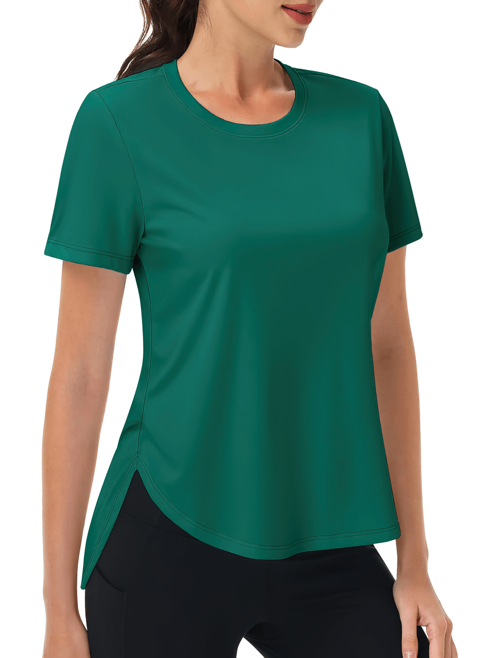 Alt Tag: Women's Sun Protection Quick Dry Running T-Shirt - SF4492 green short-sleeve O-neck quick-dry wicking tee with curved hem