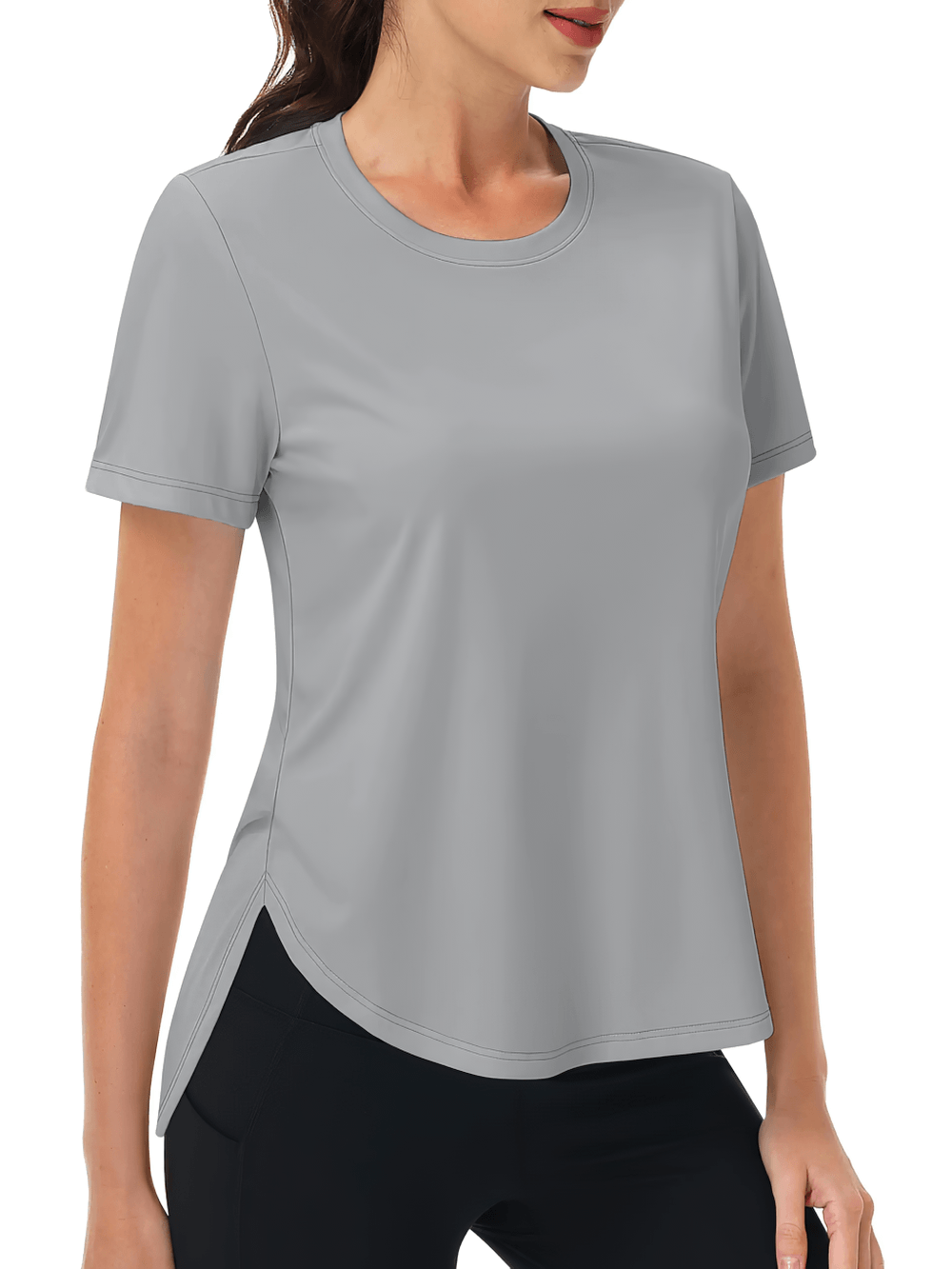 Alt Tag: Women's Sun Protection Quick Dry Running T-Shirt - SF4492 gray short sleeve moisture-wicking O-neck active tee with side slits
