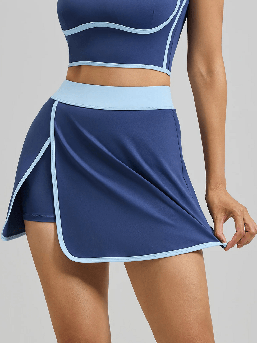 Alt Tag: Women's Tennis Wrap Skort with Built-In Shorts - SF4436 in navy with contrast trim, high waist wrap mini skirt for tennis and golf