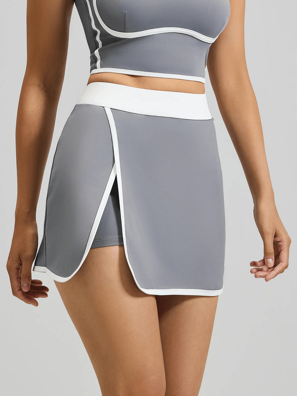 Alt Tag: Women's Tennis Wrap Skort with Built-In Shorts - SF4436 high waist wrap skort with inner shorts, contrast trim, smooth stretch fabric