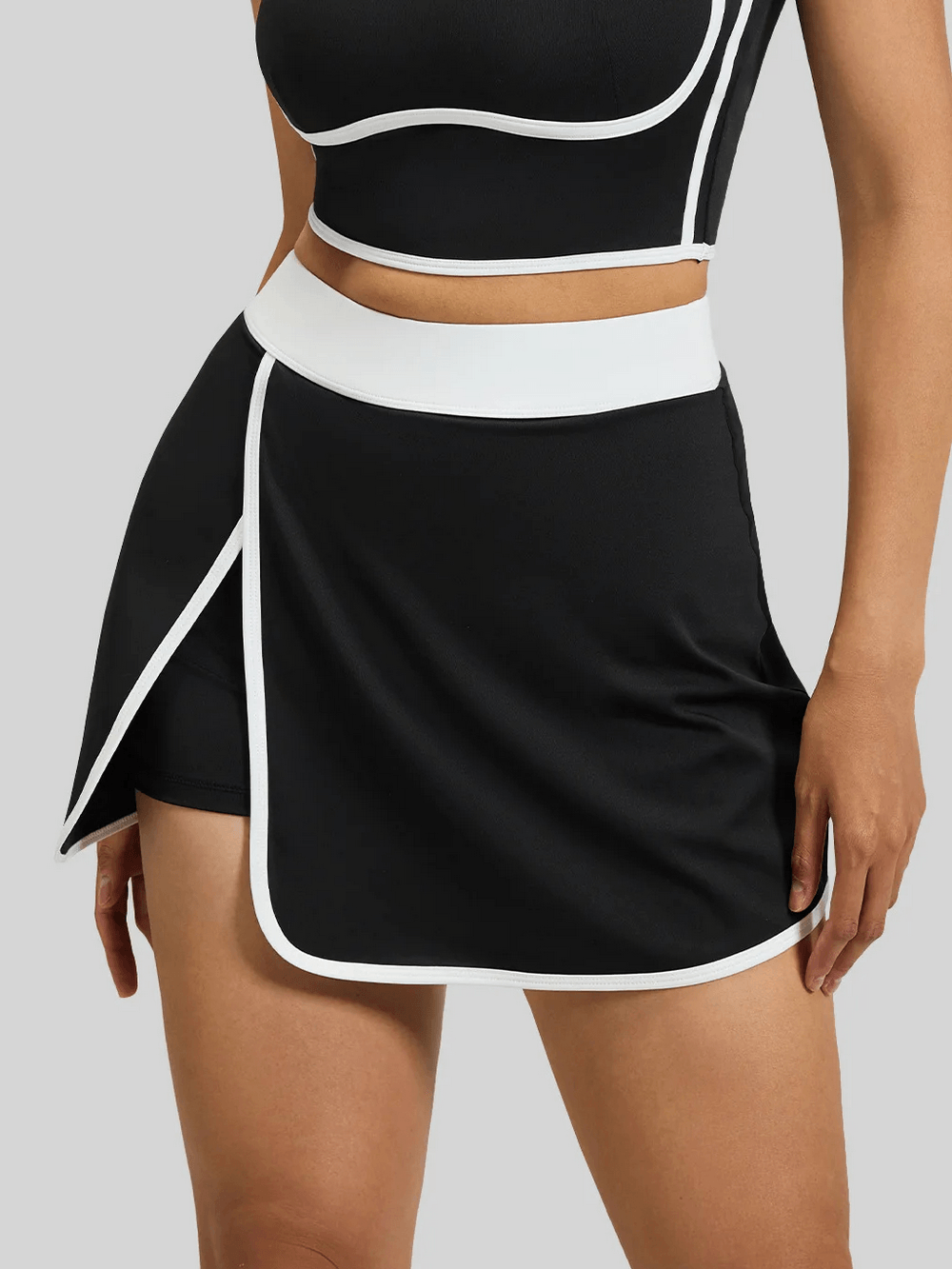 Alt Tag: Women's Tennis Wrap Skort with Built-In Shorts - SF4436 black high waist wrap skort with built-in shorts and contrast trim