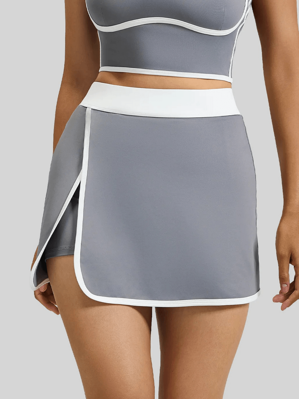 Alt Tag: Women's Tennis Wrap Skort with Built-In Shorts - SF4436 gray high-waist wrap skort with contrast trim and built-in shorts