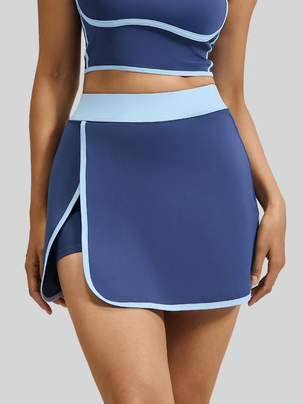 Alt Tag: Women's Tennis Wrap Skort with Built-In Shorts - SF4436 high-waist wrap mini skort with contrast trim and built-in shorts
