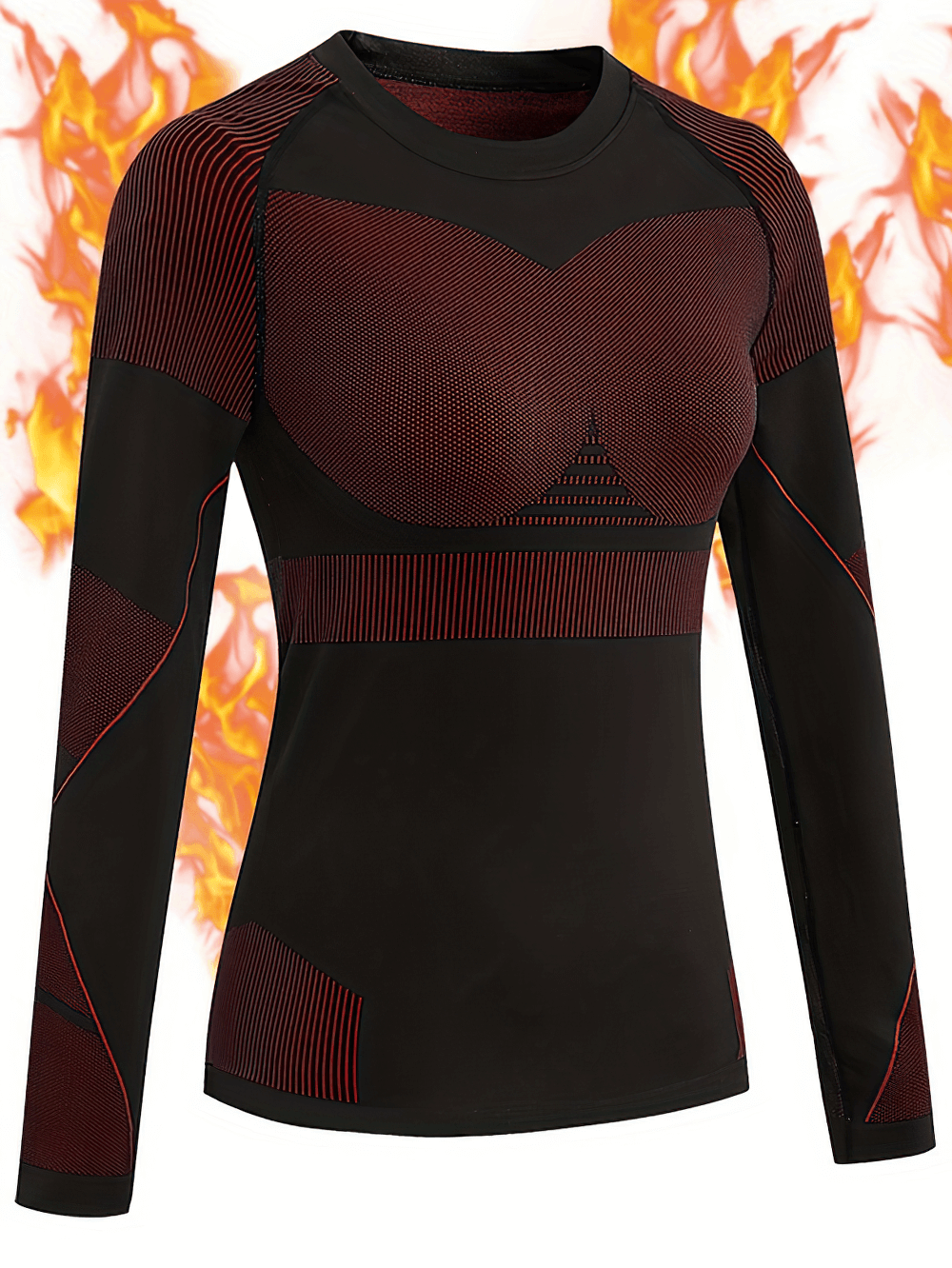 Women's Thermal Compression Base Layer Top SF2570 with stripes, crew neck, black and red design against a fiery background.