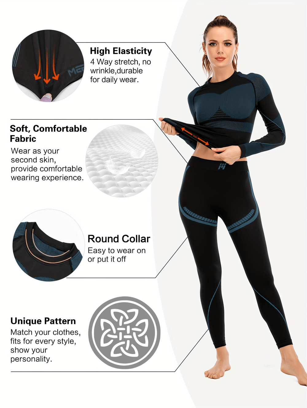 Women's thermal compression base layer top with high elasticity, soft fabric, round collar, and unique pattern. Ideal for cold workouts.