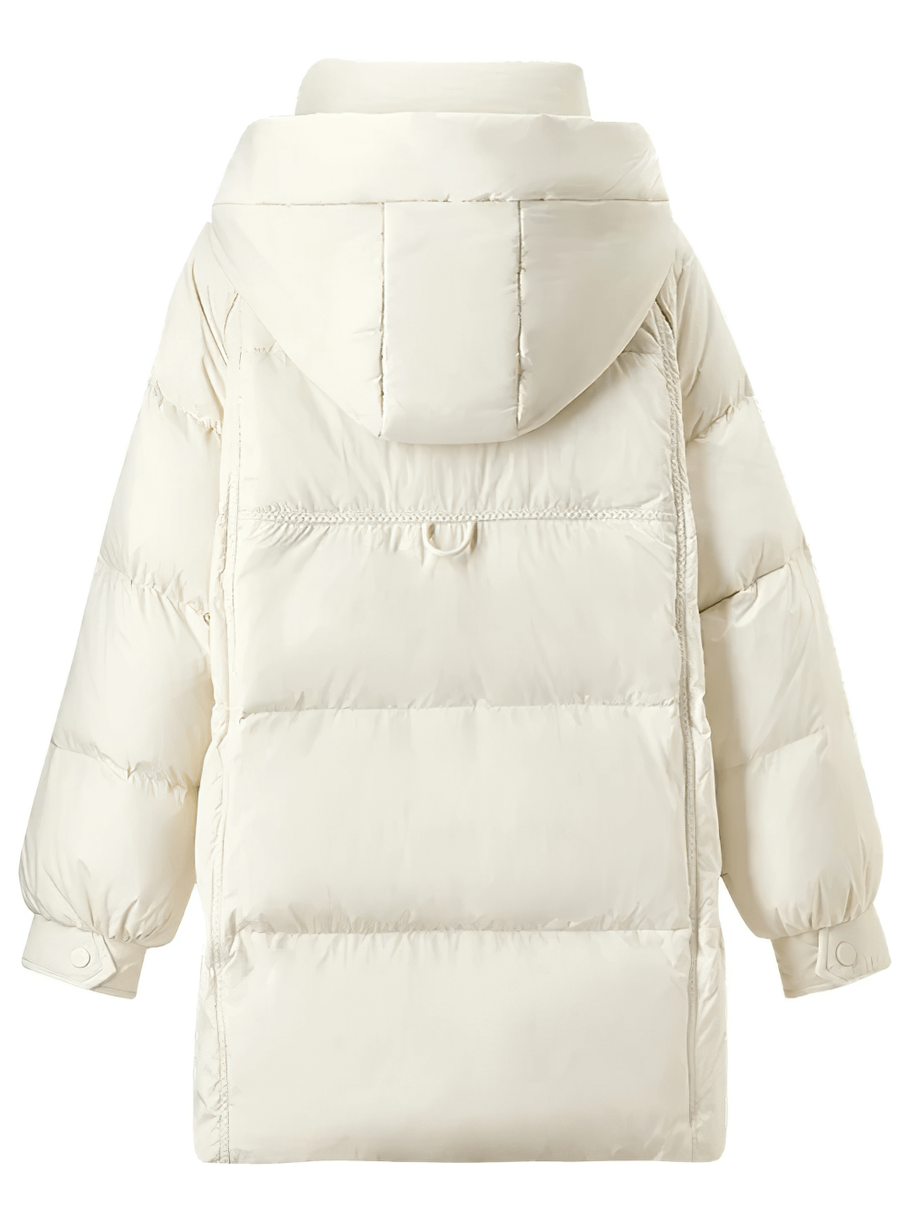 Women's white duck down puffer jacket with hood and stand neck, showcasing a warm and stylish winter design.