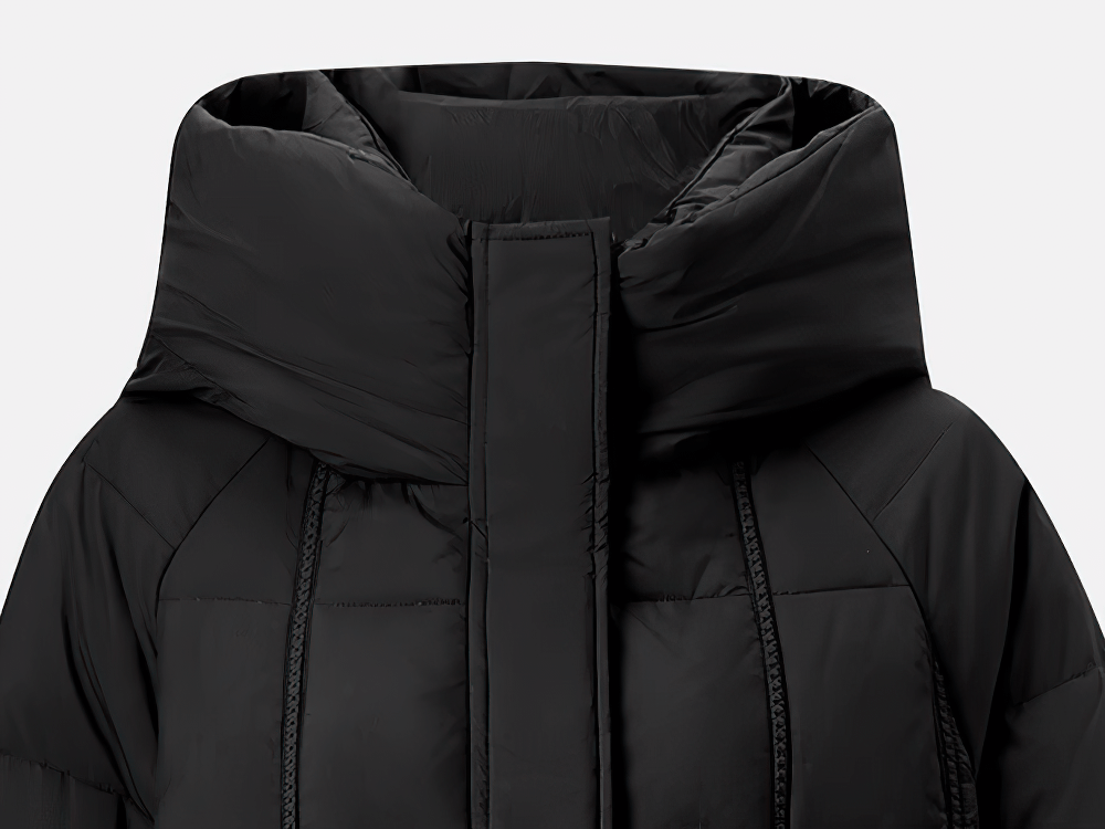 Close-up of women's black hooded puffer jacket, stand neck, nylon fabric, perfect for winter insulation - SF2309.