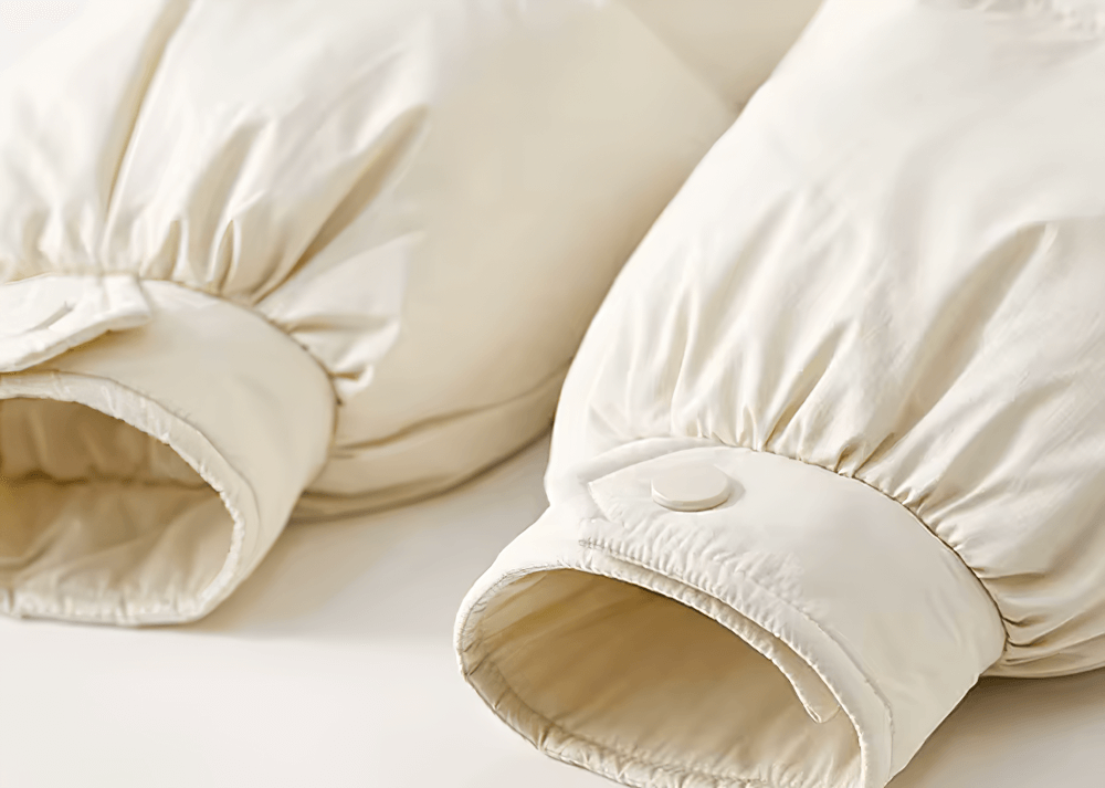 Close-up of the sleeves of a thick, warm white duck down puffer jacket for women with decorative buttons and durable nylon fabric.