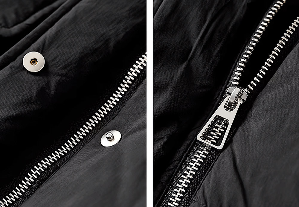 Close-up of a black puffer jacket's silver zipper and button details, showcasing durable nylon material of the warm hooded coat.