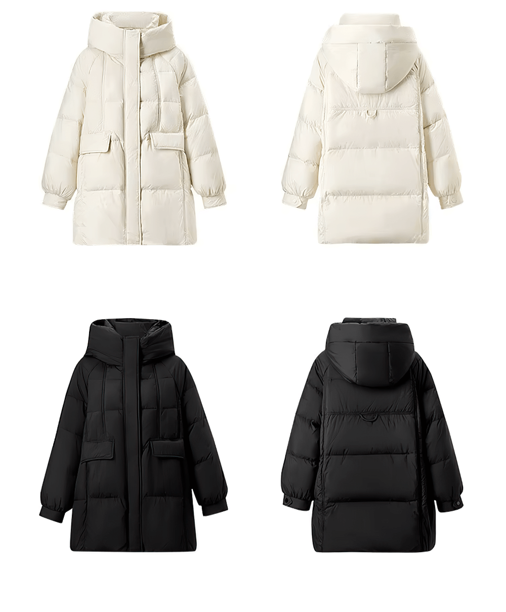 Women's white and black hooded puffer jackets with stand necks, showcasing front and back views. Winter warmth and nylon durability.