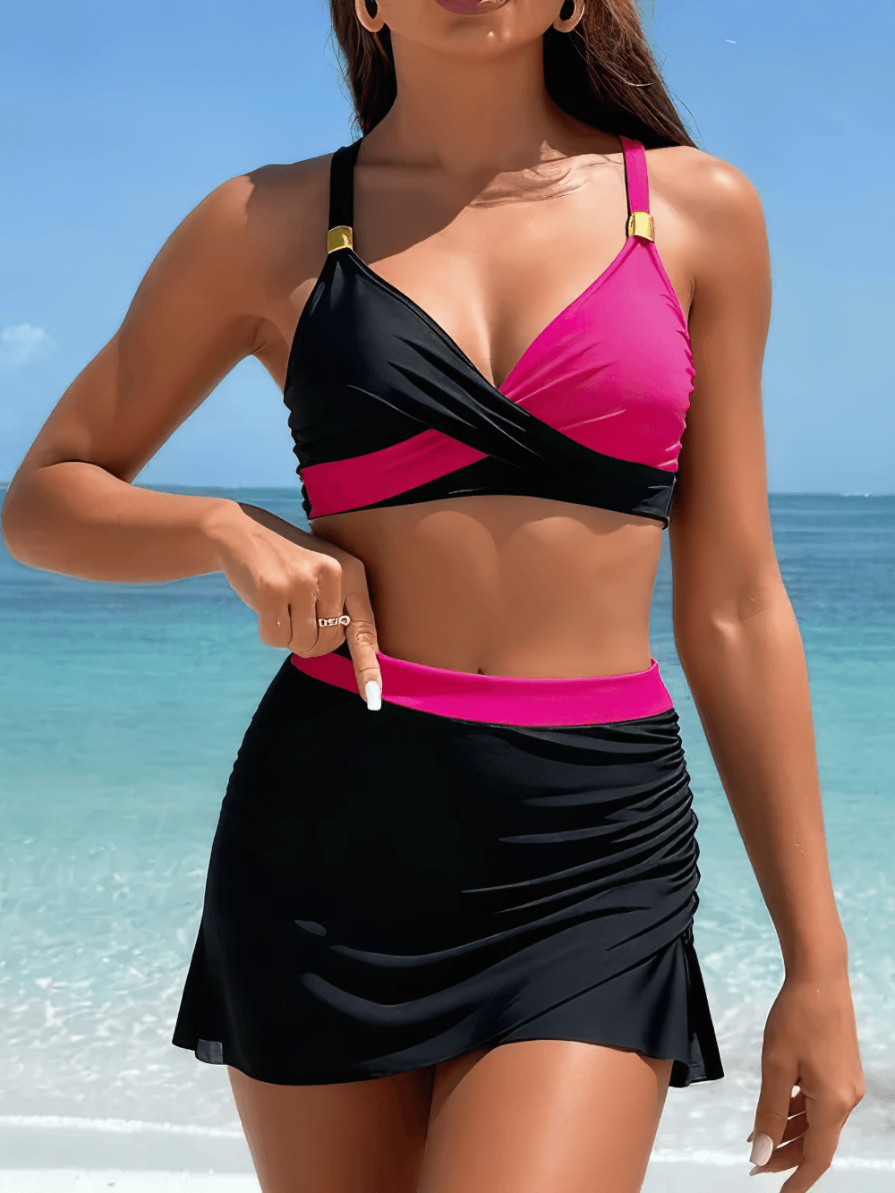 Women's Two-Piece Swim Set with Mesh Skirt - SF4591