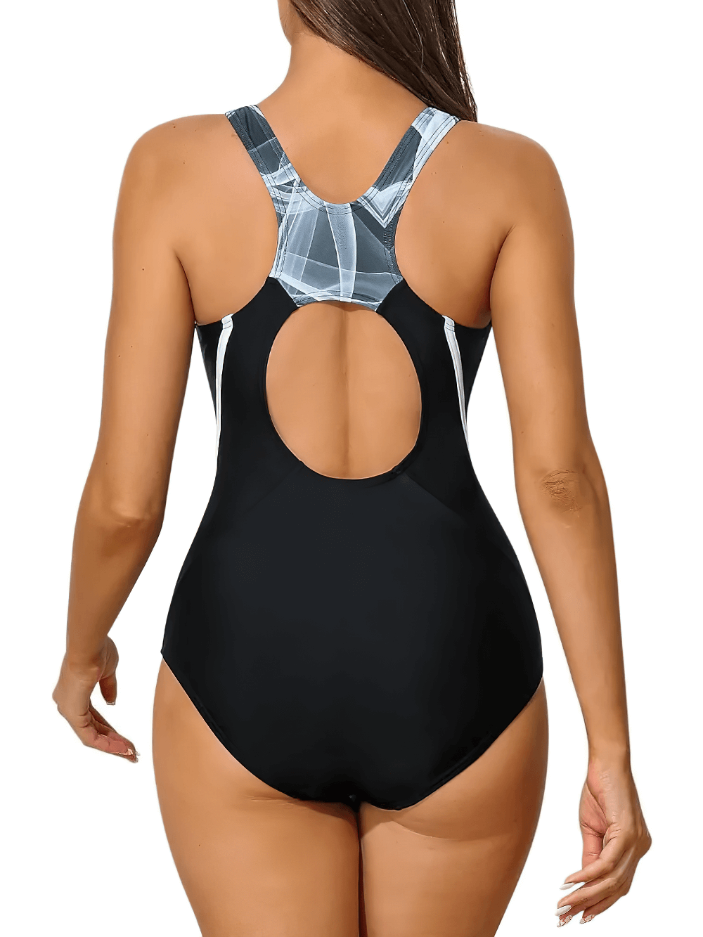 Women's U-Neck Training Patchwork Swimsuit - SF2258, back view, racerback style for optimal movement.
