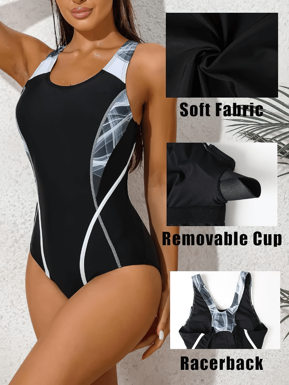 Women's U-Neck Training Patchwork Swimsuit SF2258 with soft fabric, removable cup, and racerback design for optimal performance.