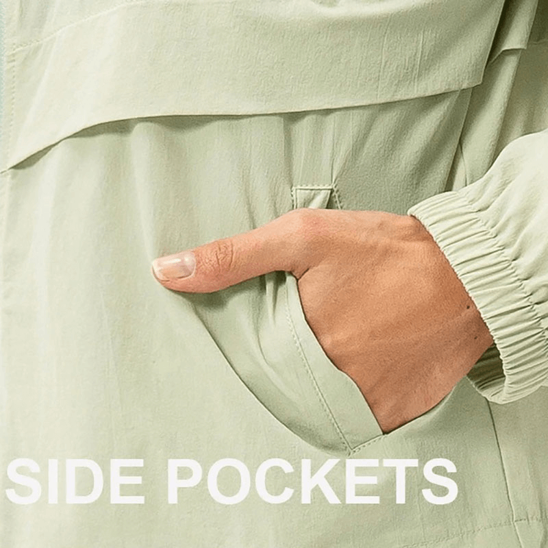 Hand in side pocket of women's UV protection running windbreaker, SF1916, showcasing lightweight fabric and practicality.