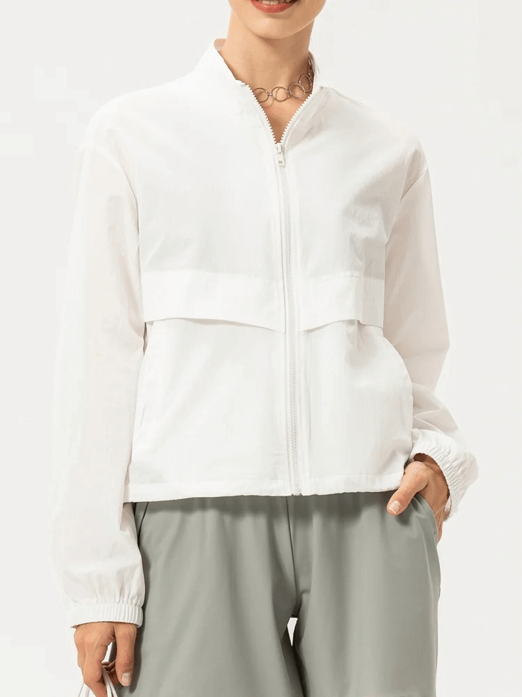 Women's UV Protection Running Windbreaker SF1916, lightweight white jacket with turn-down collar, perfect for outdoor activities.