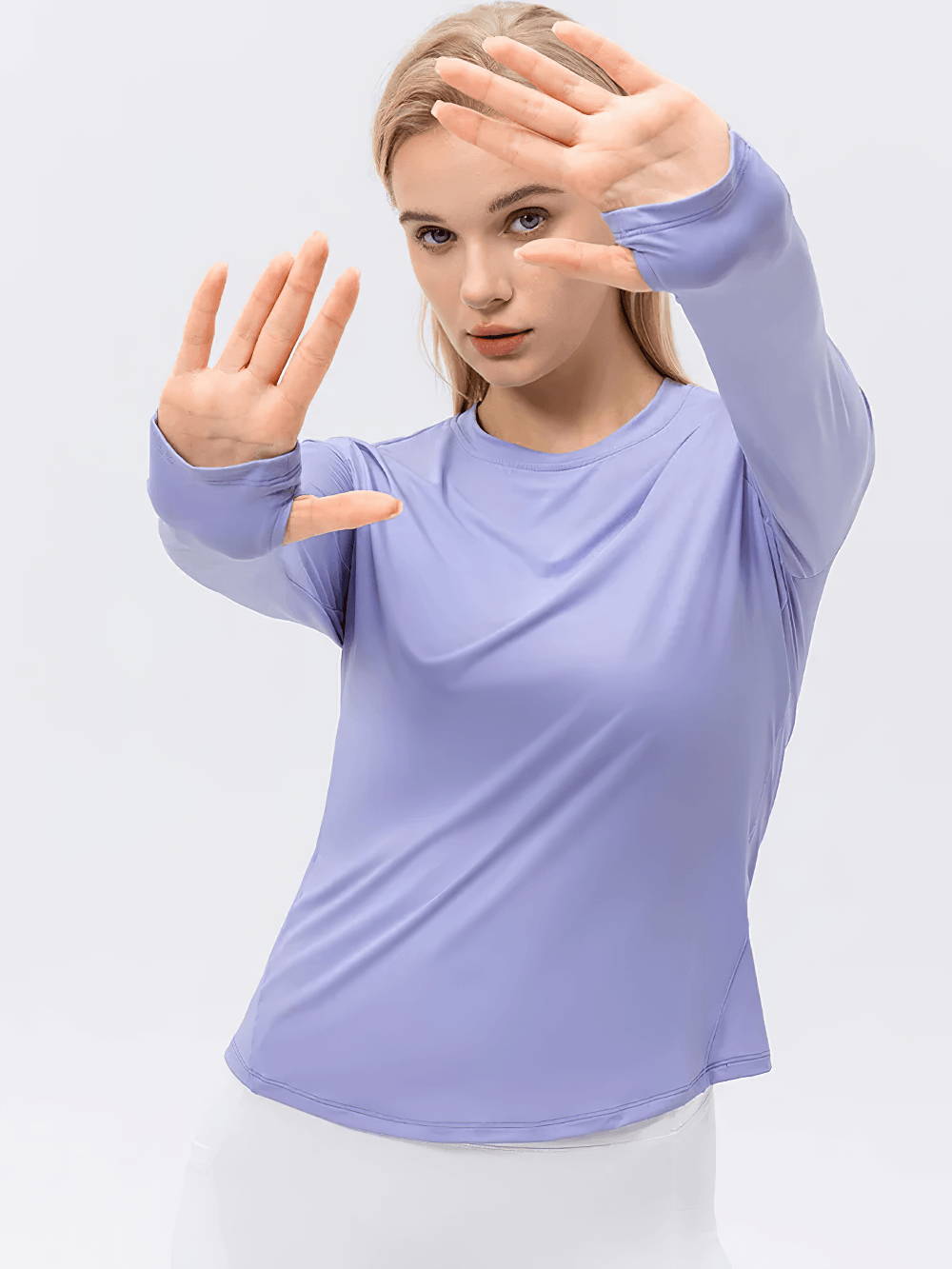 Alt Tag: Women's UV Shield Long Sleeve Active Training Top - SF4476 lavender long sleeve fitness top with thumbholes for UV-ready workouts
