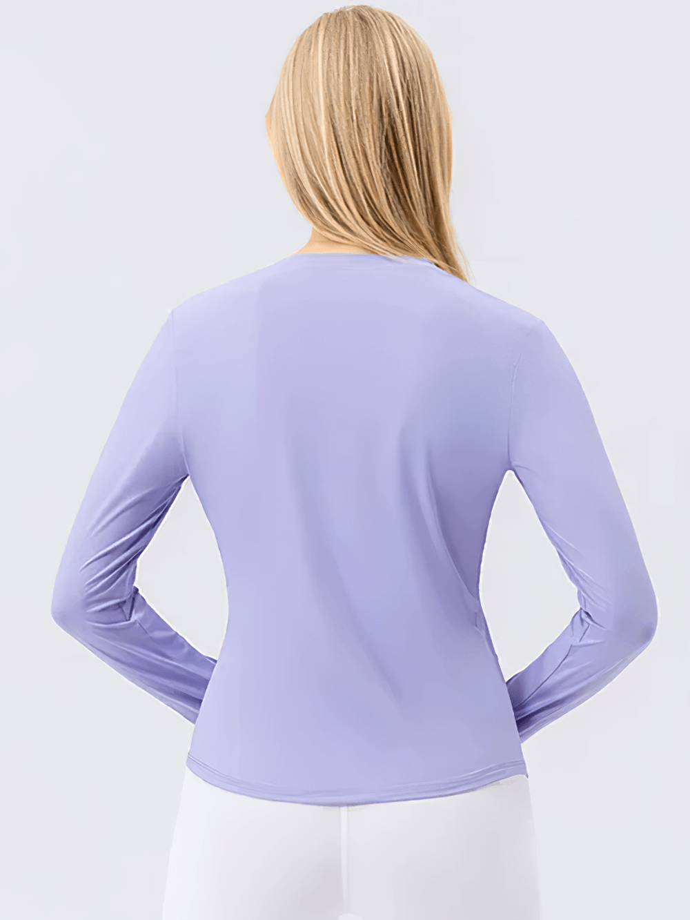 Alt Tag: Women's UV Shield Long Sleeve Active Training Top - SF4476 back view lavender long sleeve sun protection fitness top