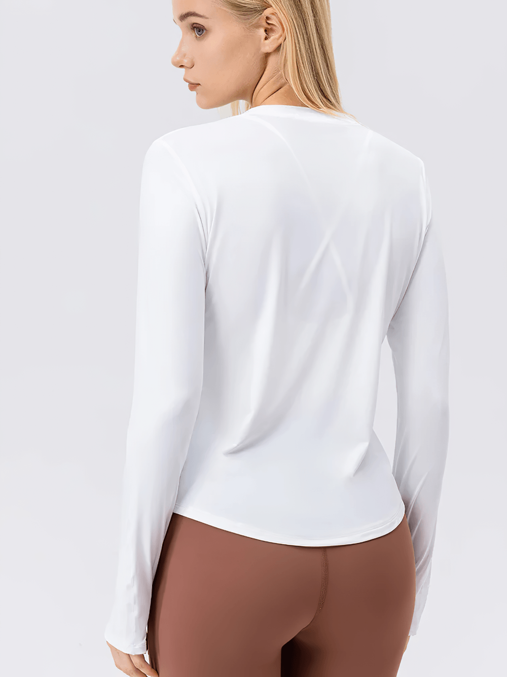 Alt Tag: Women's UV Shield Long Sleeve Active Training Top - SF4476 white long sleeve sun protection fitness top back view