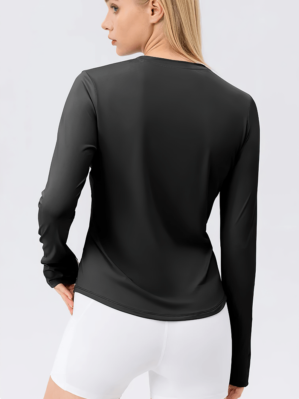 Alt Tag: Women's UV Shield Long Sleeve Active Training Top - SF4476 black long sleeve back view, sleek sun-protective workout top