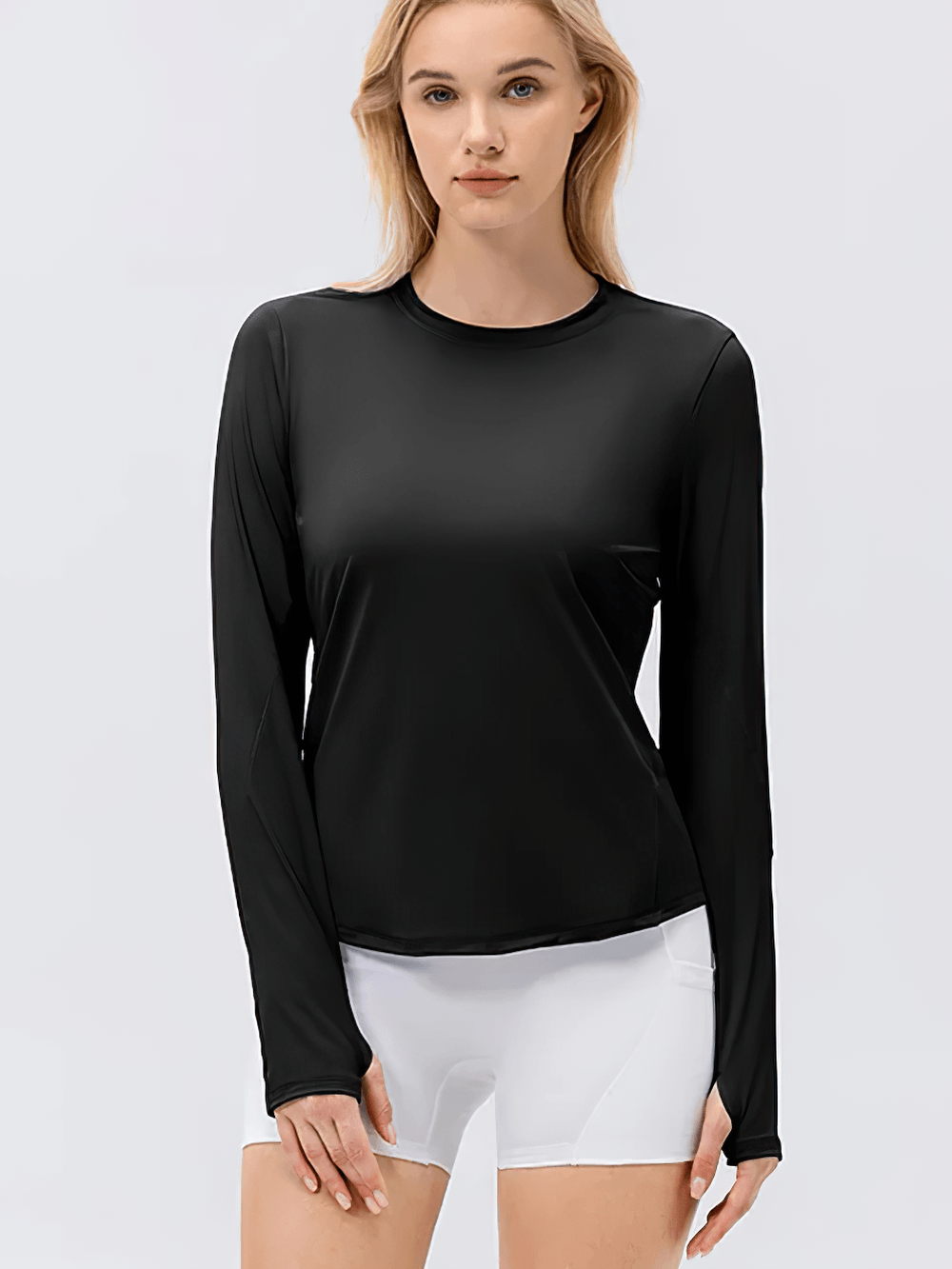 Alt Tag: Women's UV Shield Long Sleeve Active Training Top - SF4476 black long sleeve UV sun protection fitness top with thumbholes