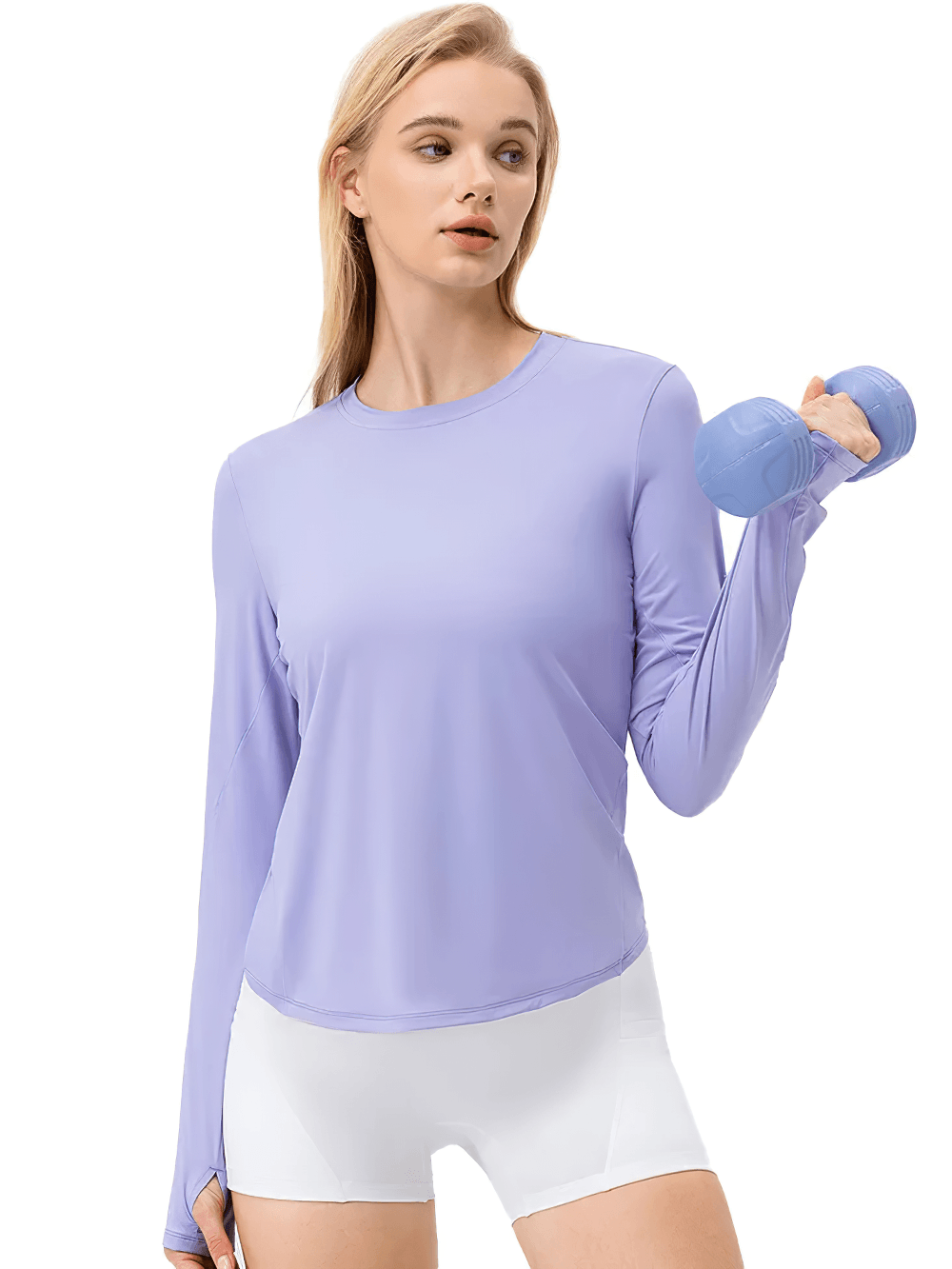 Alt Tag: Women's UV Shield Long Sleeve Active Training Top - SF4476 lavender long sleeve fitness top with thumbholes, model holding dumbbells