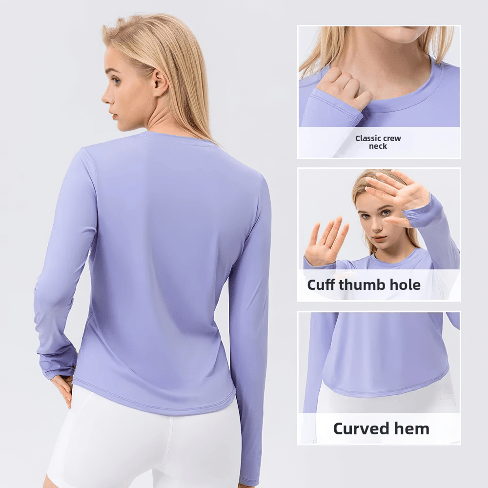 Alt Tag: Women's UV Shield Long Sleeve Active Training Top - SF4476 classic crew neck, cuff thumb hole, curved hem, lavender back view