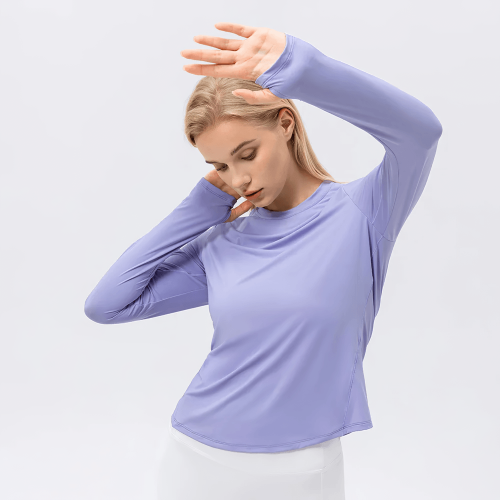 Alt Tag: Women's UV Shield Long Sleeve Active Training Top - SF4476 lavender long sleeve UV shield fitness top with thumbholes, breathable stretch