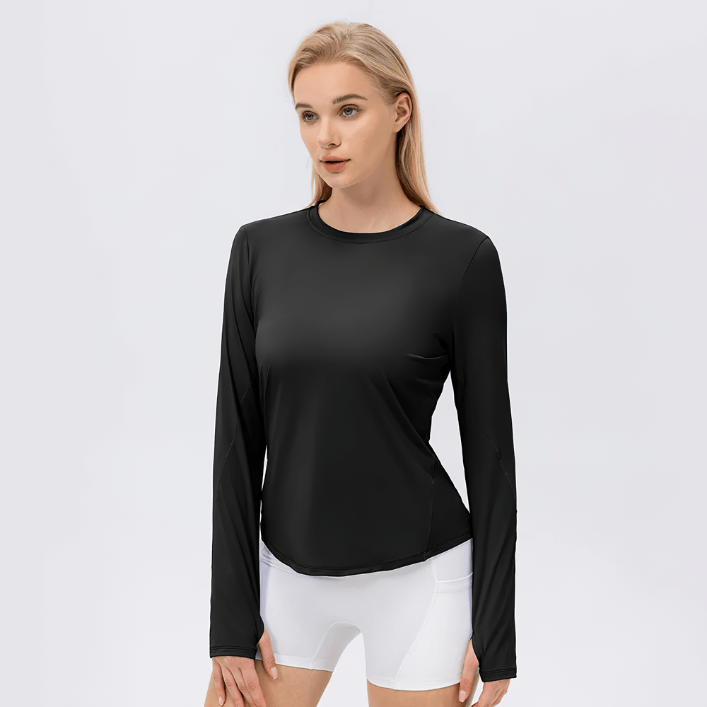 Alt Tag: Women's UV Shield Long Sleeve Active Training Top - SF4476 black long sleeve sun protection fitness top with thumbholes