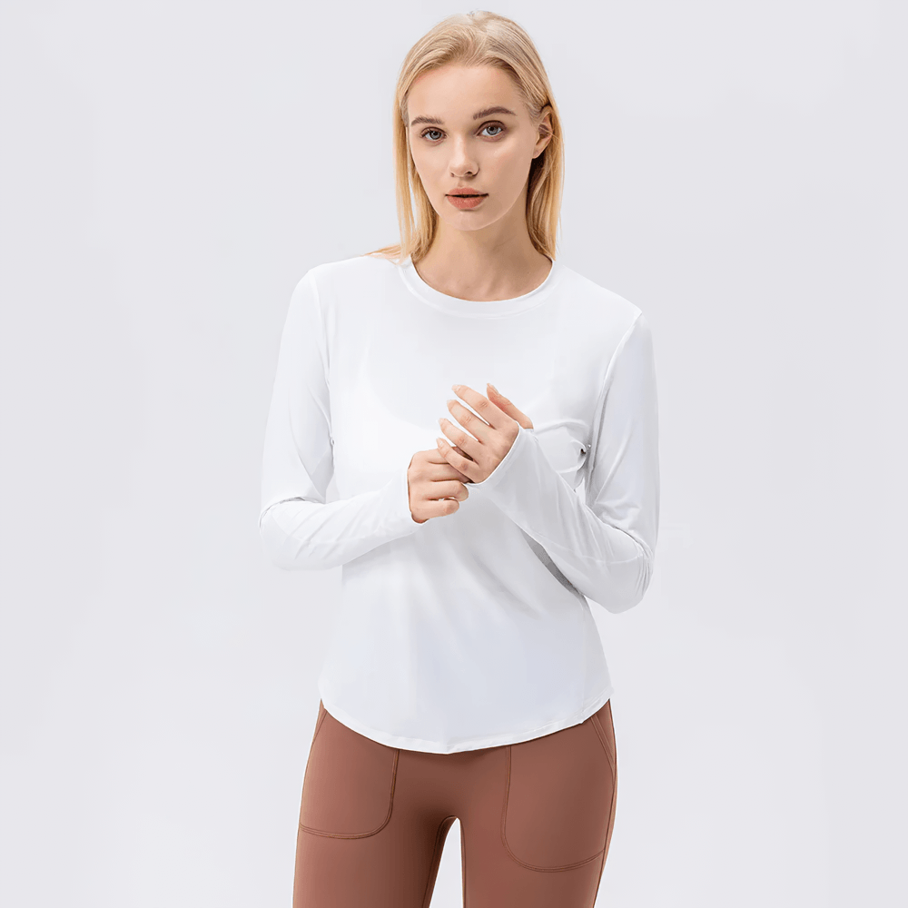 Alt Tag: Women's UV Shield Long Sleeve Active Training Top - SF4476 white long sleeve fitness top with thumbholes, breathable sun protection