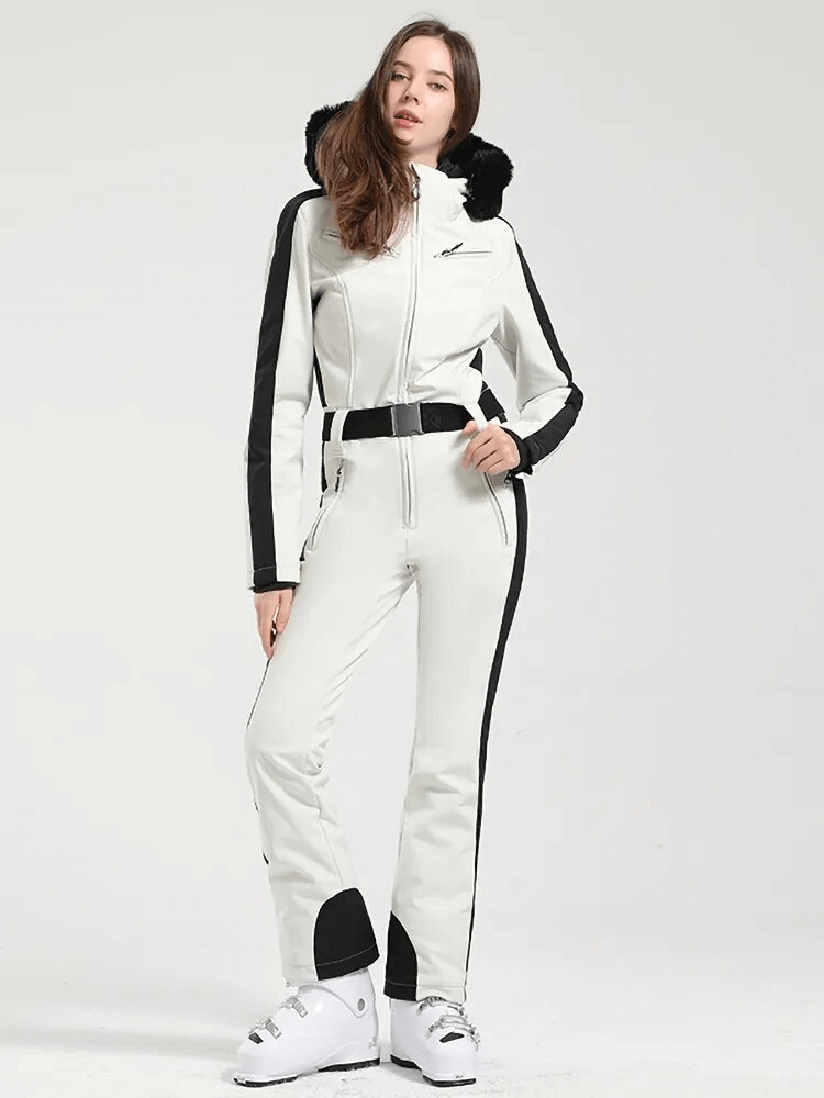 Women's warm one-piece ski suit with hood, SF1776, in white and black, showcasing windproof and waterproof design for peak performance.