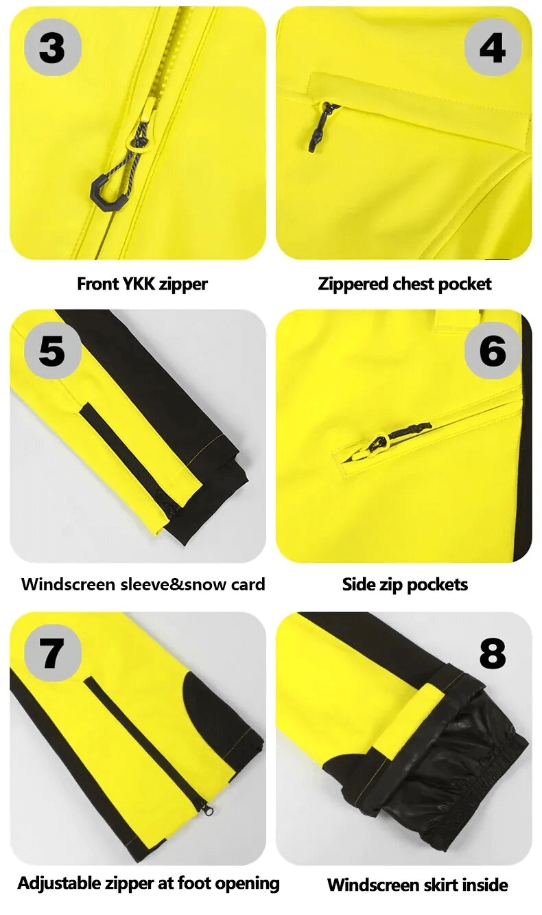 Detailed features of Women's Warm One-Piece Ski Suit SF1776, highlighting zippers, pockets, and the windscreen skirt in bright yellow fabric.