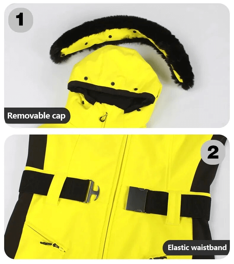 Yellow women's ski suit with removable hood and elastic waistband, showcasing durable windproof and waterproof features.