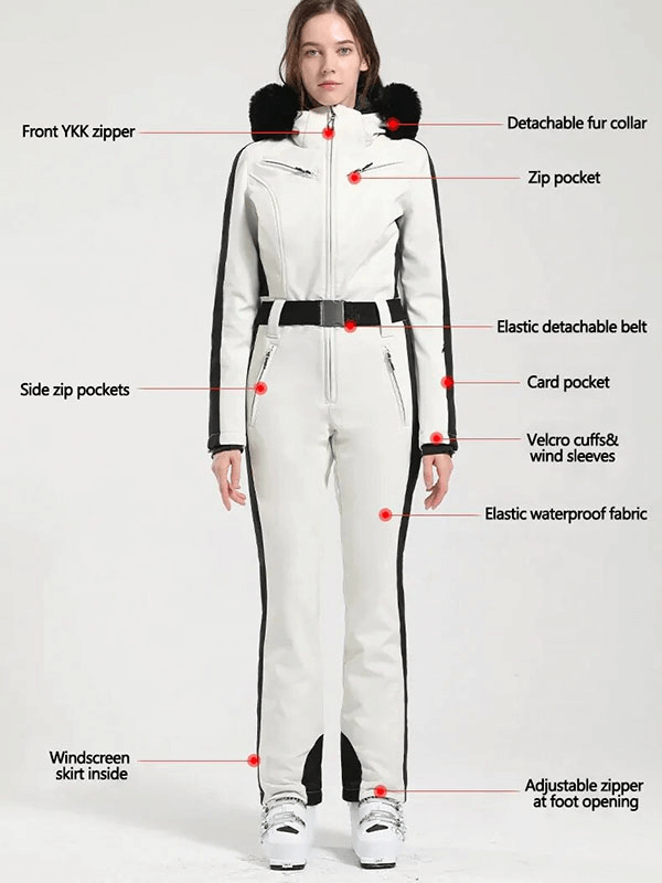 Front view of women's warm one-piece ski suit with hood, detachable fur collar, and multiple zippered pockets, SF1776 model.
